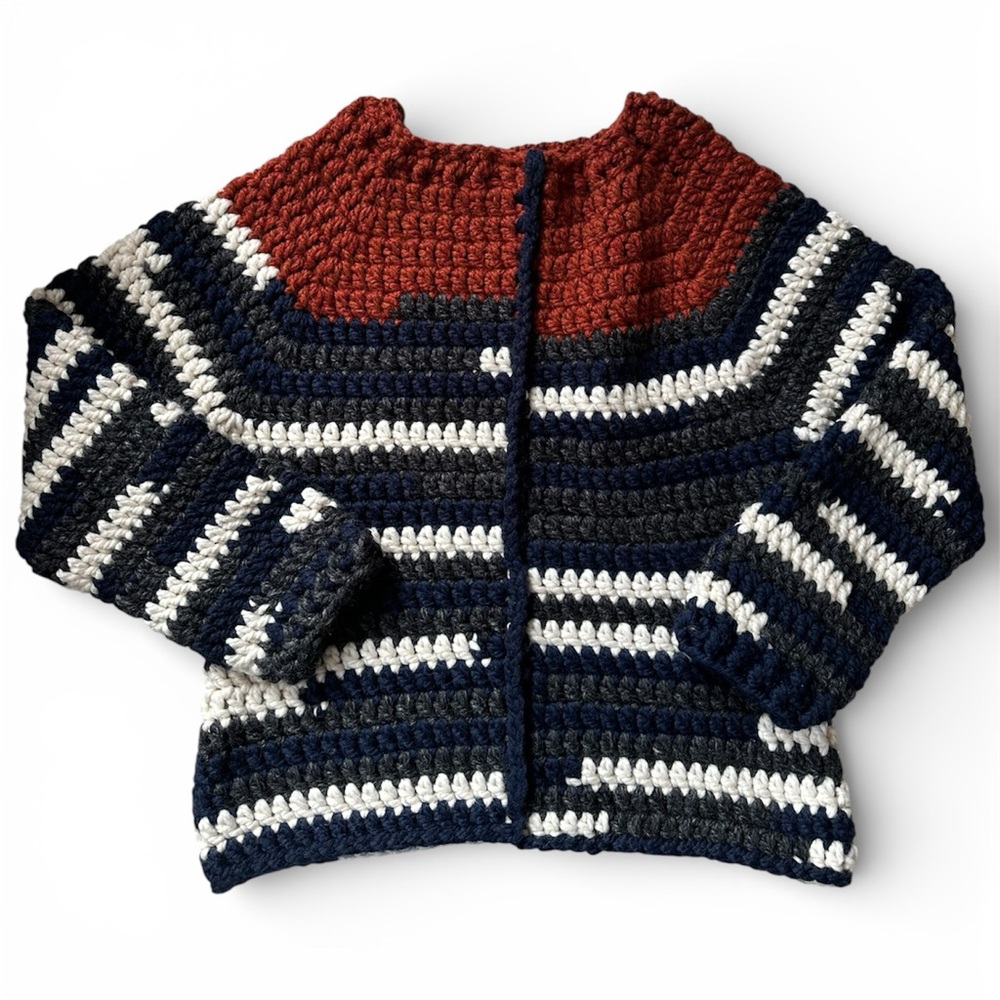 Hand Knit Chunky Striped Brown Blue White Sweater